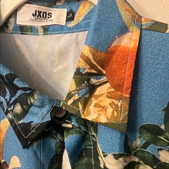 Blue and Orange Casual Button Down Shirt with Tropical Print - Picture 6 of 10